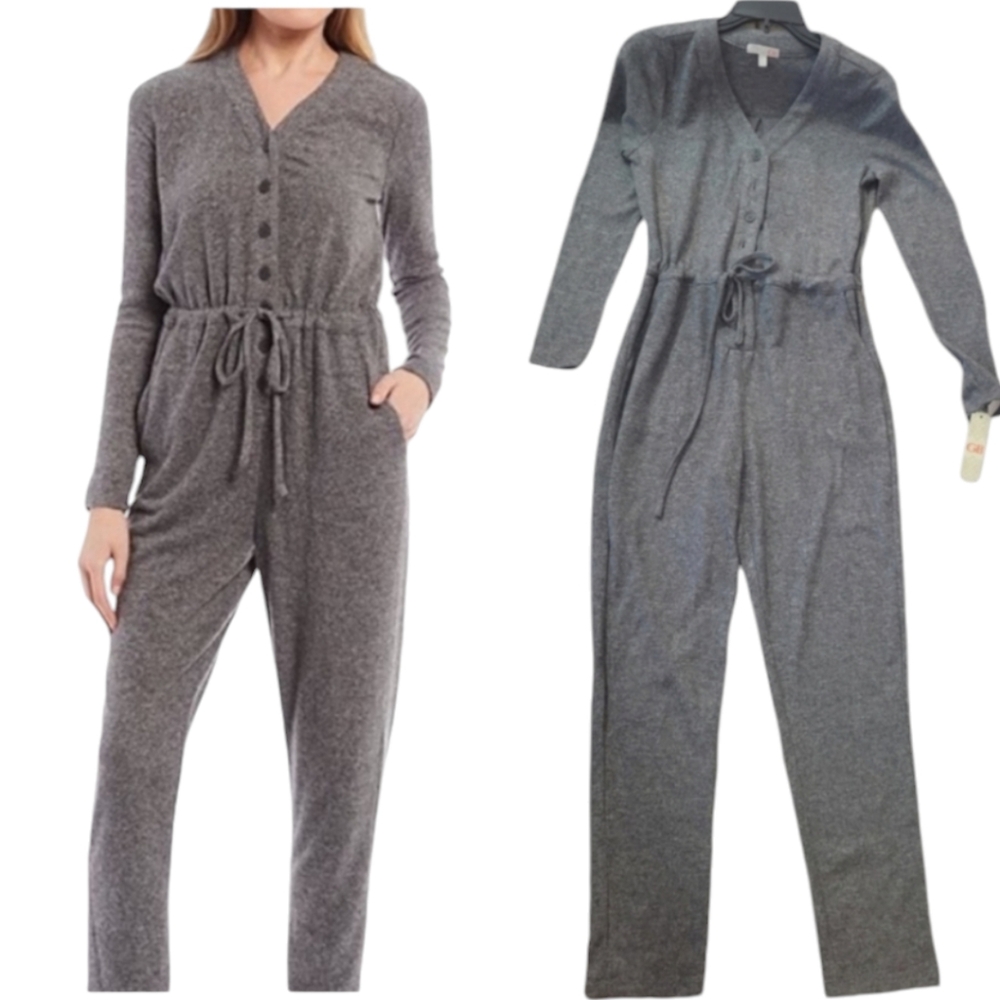 Gianni Bini Gray Soft Knit V-Neck Long Sleeve Tie Waist Jumpsuit sz S